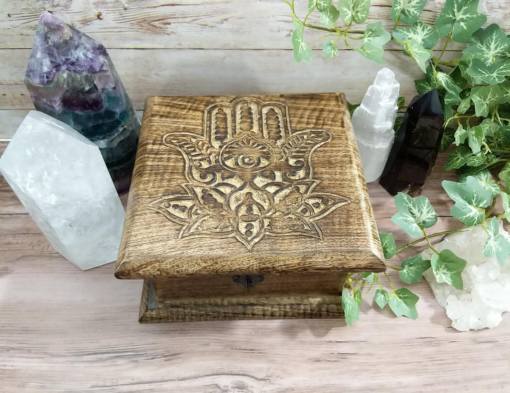 Hamsa Hand ~ Lotus Symbol Hand Carved Wood Chest Style Box | Hand of Fatima Symbol - The Spirit Den
