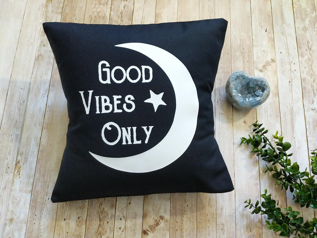 Good Vibes Only Moon Black Cotton Pillow - The Spirit Den