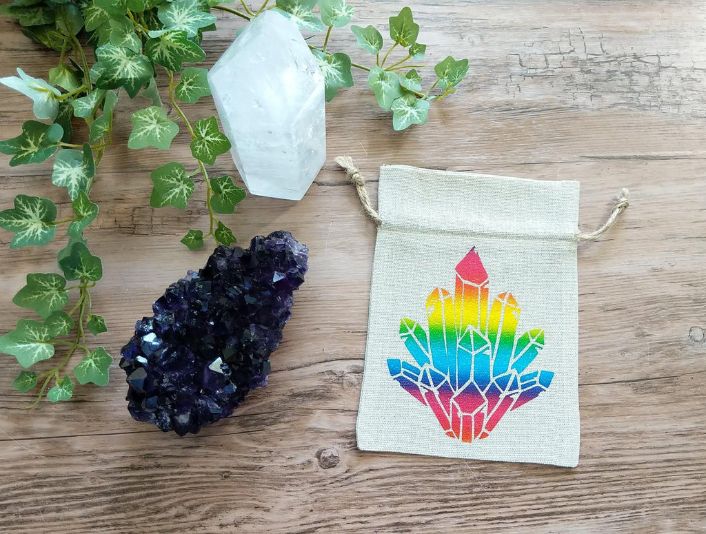 Rainbow Aura Crystal Cluster Cotton Linen Drawstring Bag - The Spirit Den