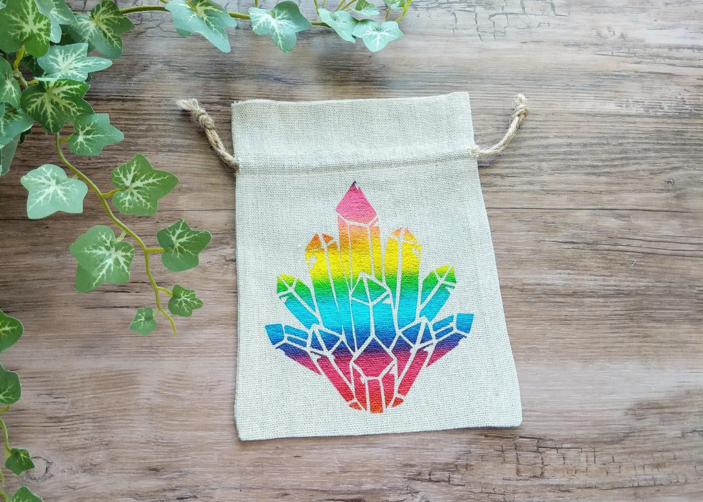 Rainbow Aura Crystal Cluster Cotton Linen Drawstring Bag - The Spirit Den