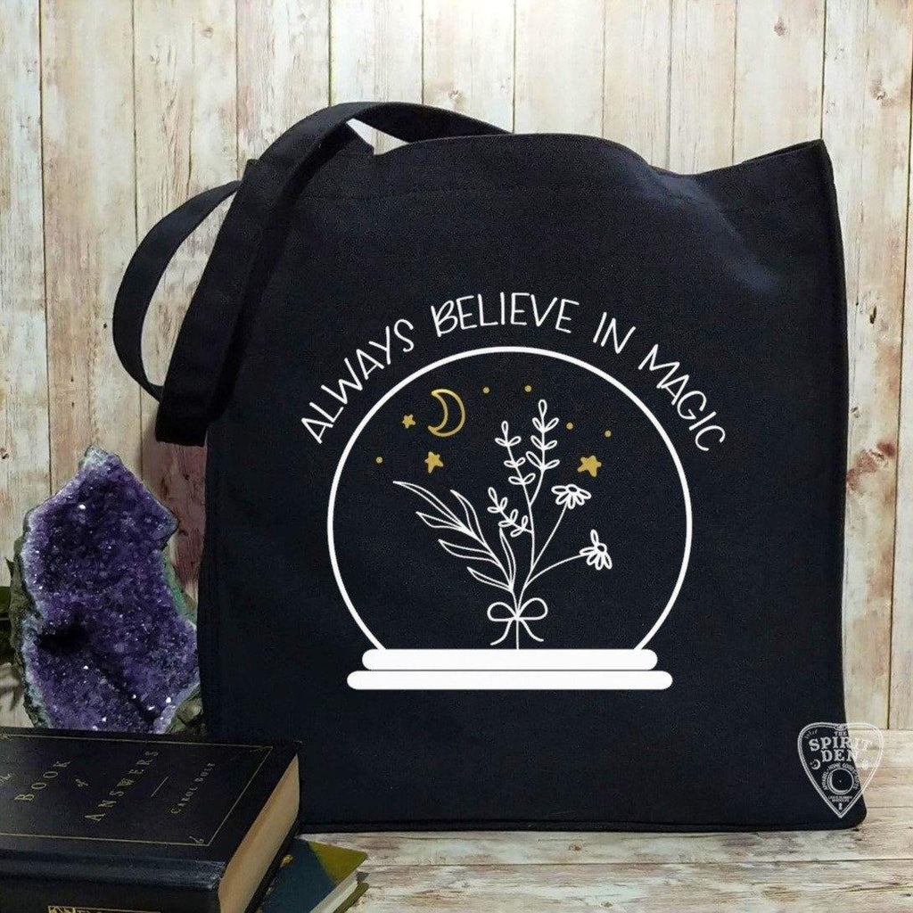 Always Believe In Magic Crystal Ball Black Canvas Market Tote Bag - The Spirit Den