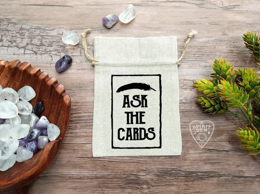 Ask The Cards Feather Design Tarot Drawstring Cotton Linen Bag - The Spirit Den