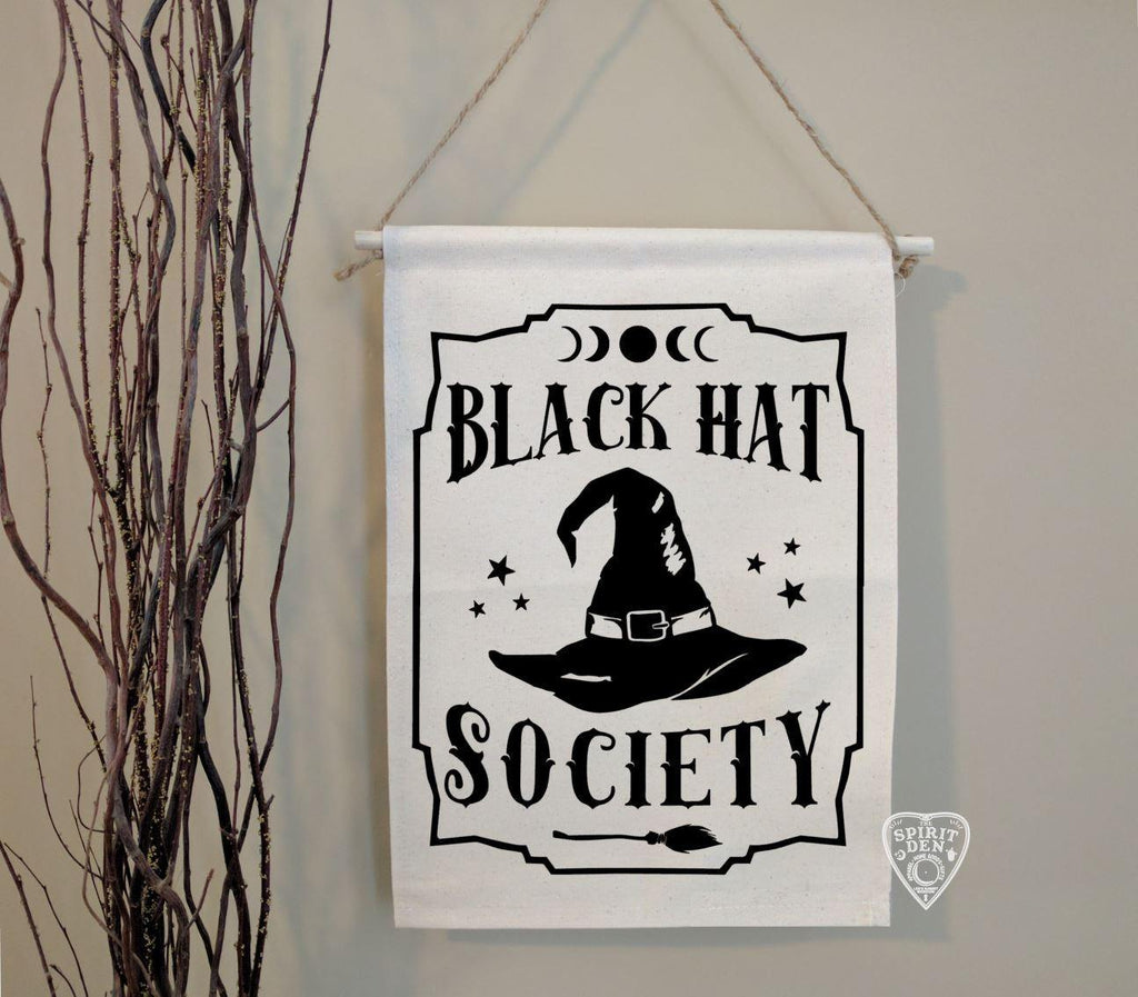 Black Hat Society Witch Hat Cotton Canvas Wall Banner - The Spirit Den