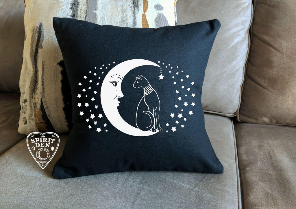 Cat and the Moon Black Pillow - The Spirit Den