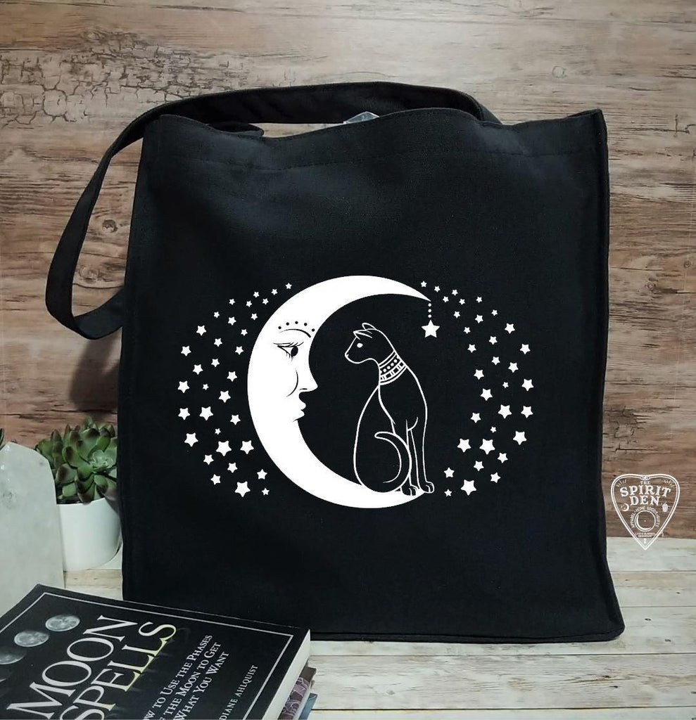 Cat and the Moon Black Cotton Canvas Market Tote Bag - The Spirit Den