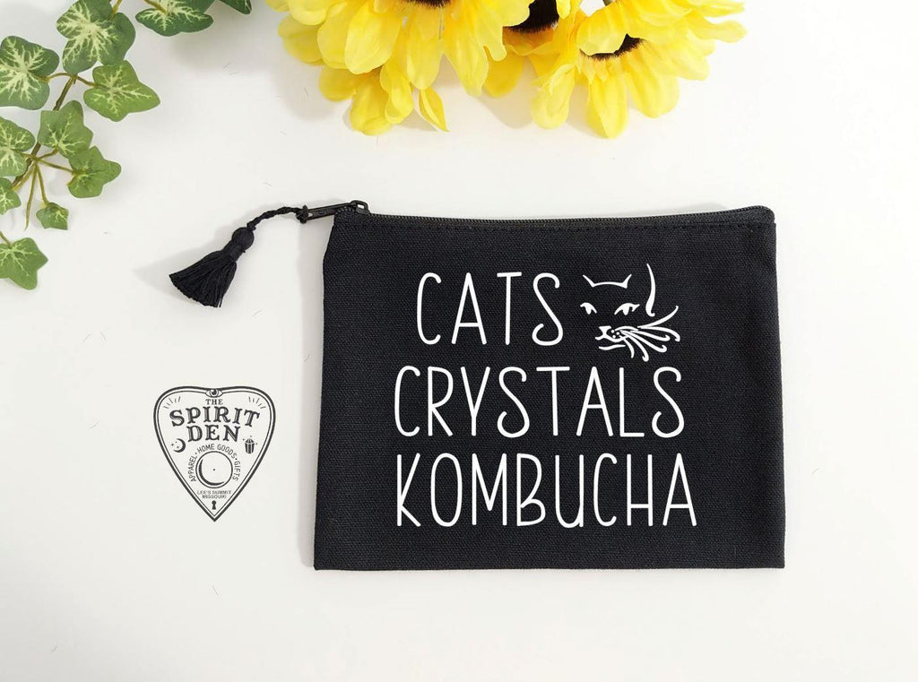 Cats Crystals Kombucha Black Canvas Zipper Bag - The Spirit Den