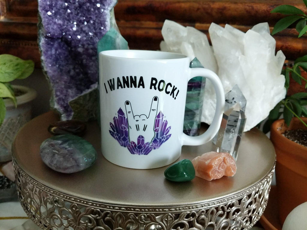 I Wanna Rock Hand Crystals White Mug - The Spirit Den