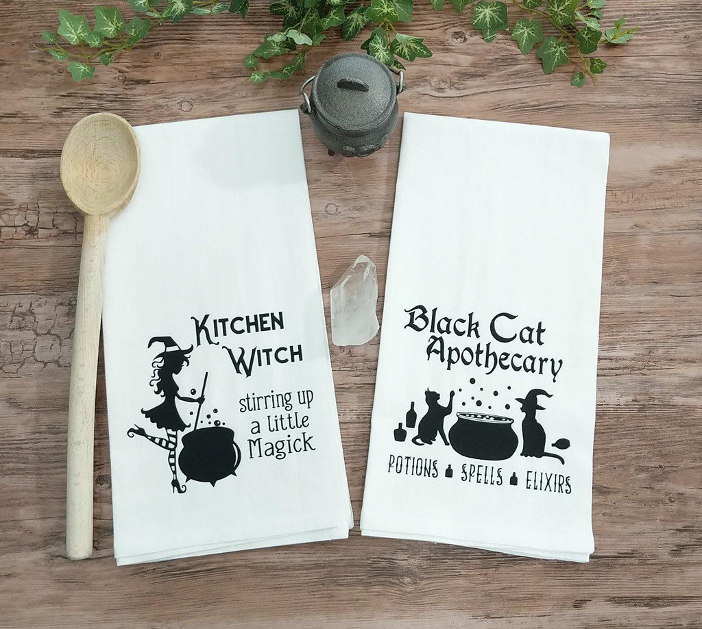 Kitchen Witch Stirring up a Little Magick Flour Sack Towel - The Spirit Den