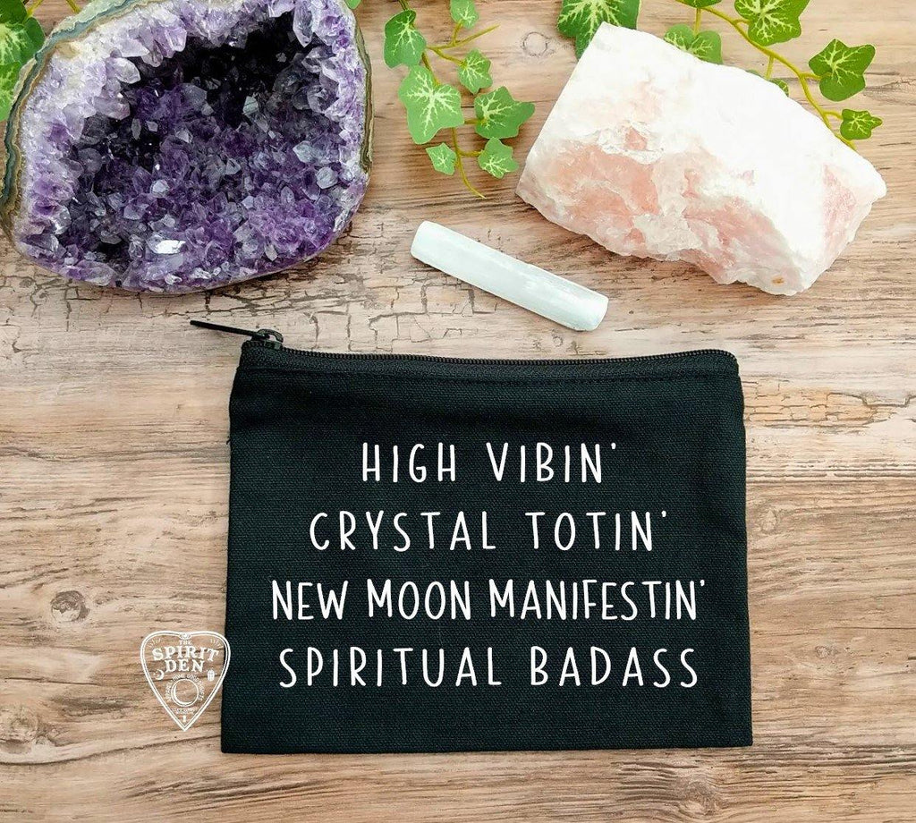High Vibin Crystal Totin New Moon Manifestin Spiritual Badass Black Canvas Zipper Bag - The Spirit Den