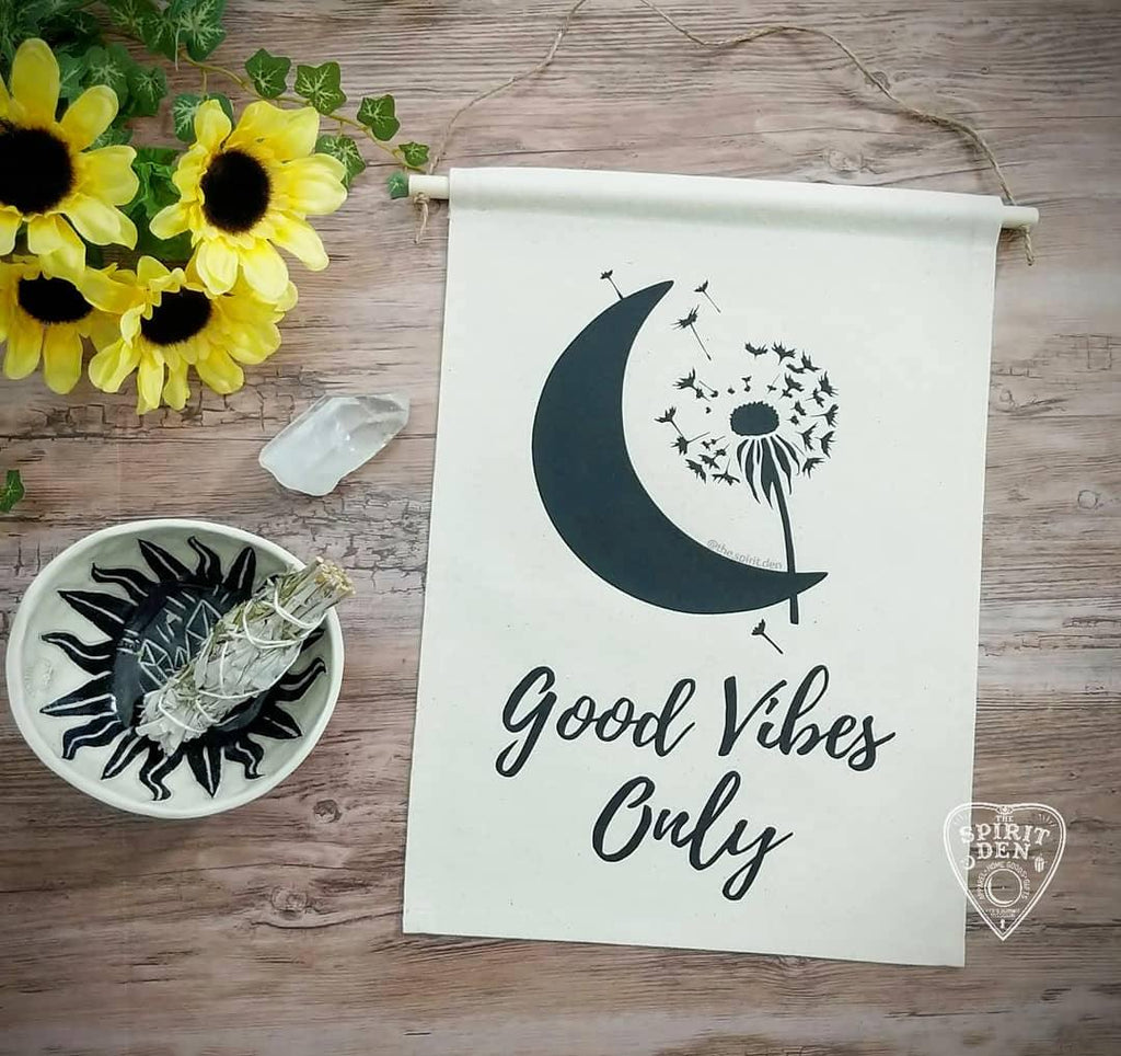 Good Vibes Only Moon Dandelion Cotton Canvas Wall Banner - The Spirit Den