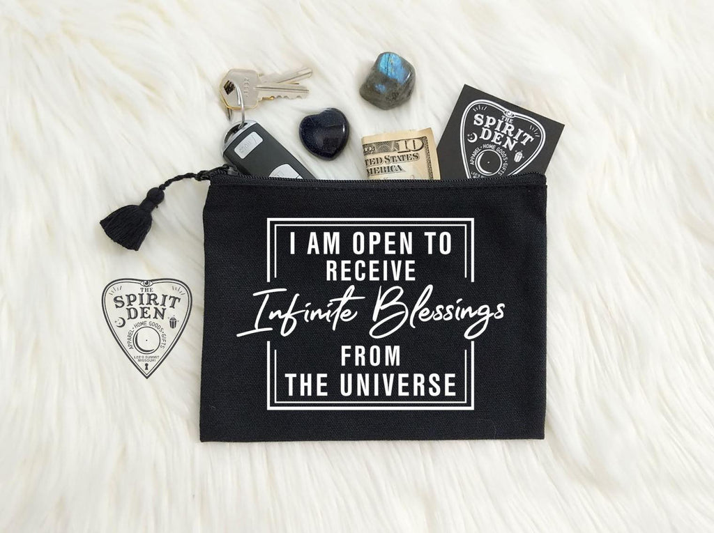 I Am Open To Receive Infinite Blessings From The Universe Black Canvas Zipper Bag - The Spirit Den