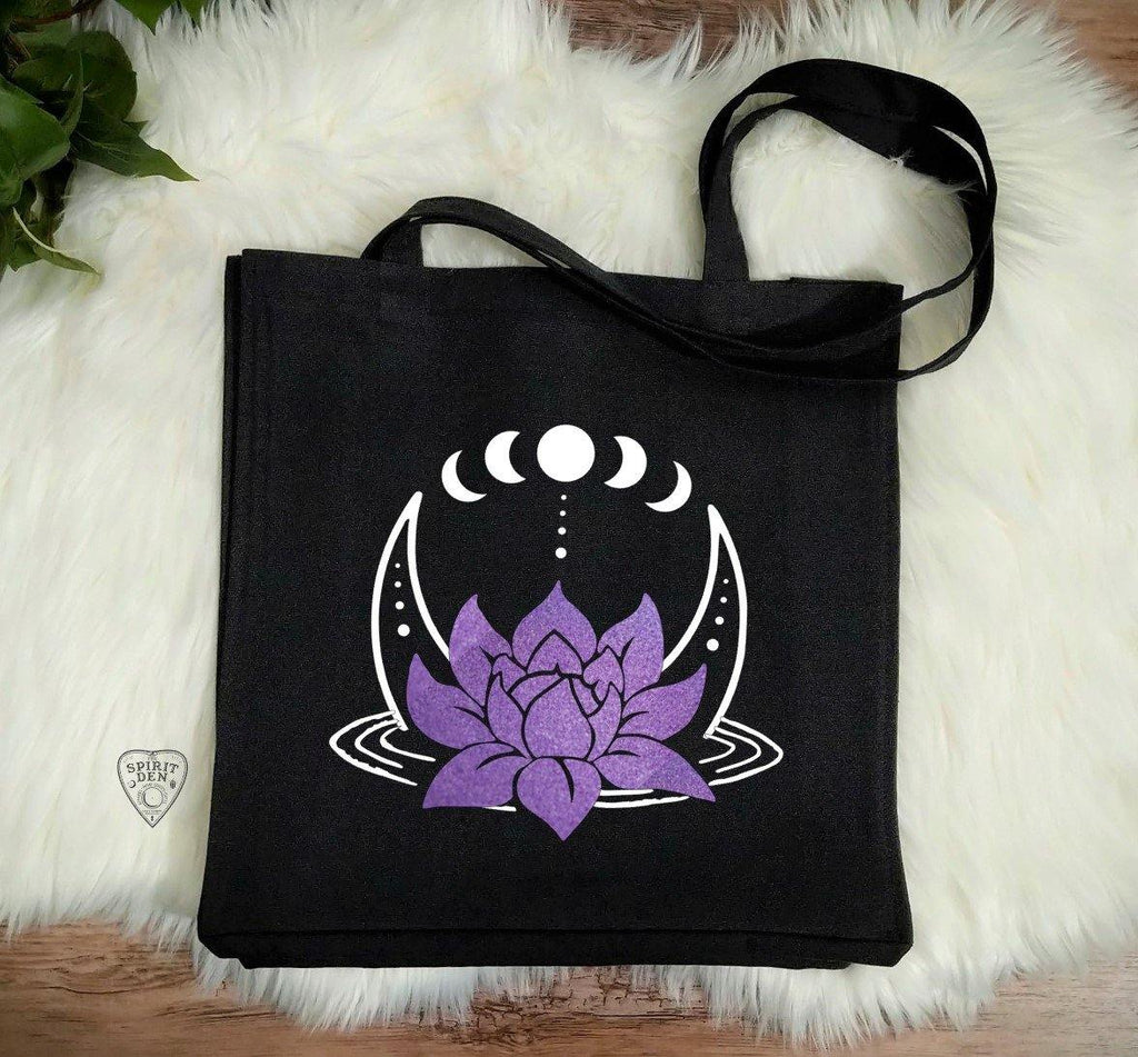 Lotus Moon Phases Black Canvas Market Tote Bag - The Spirit Den