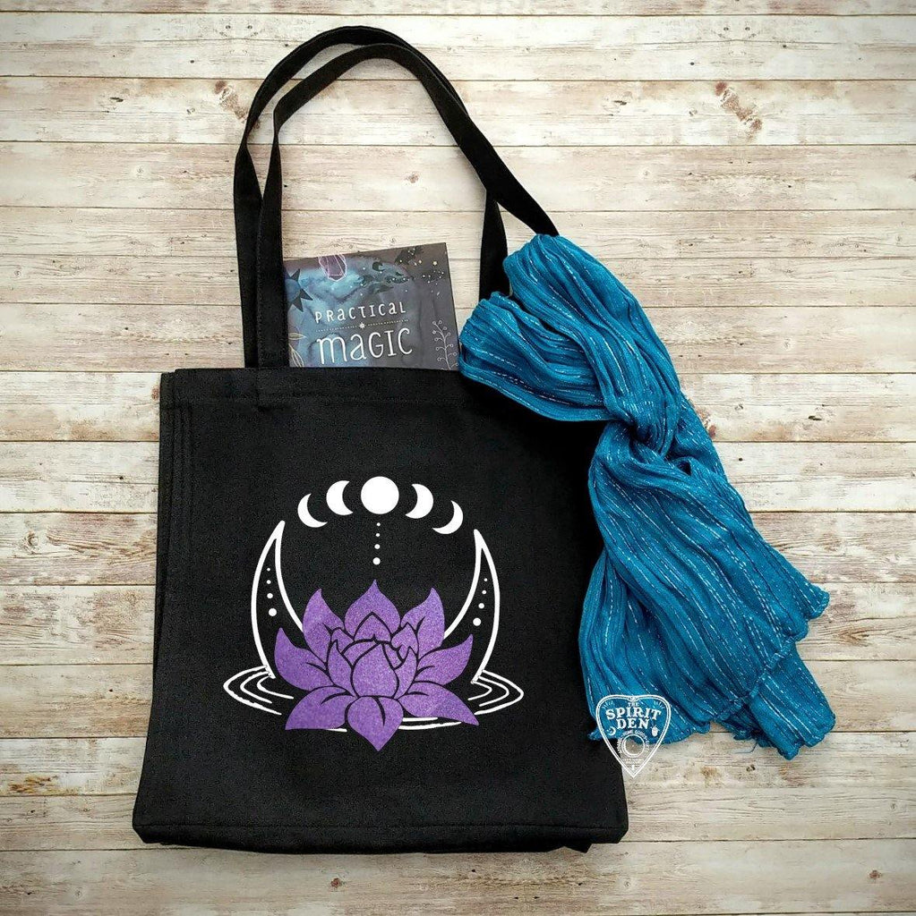 Lotus Moon Phases Black Canvas Market Tote Bag - The Spirit Den