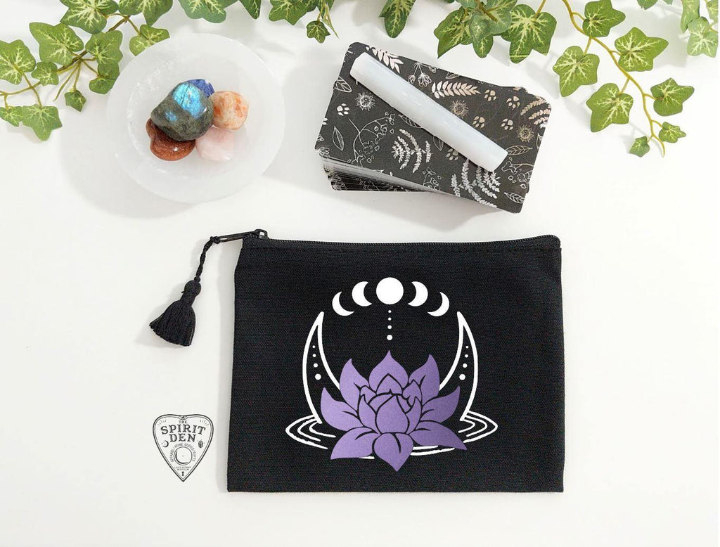 Lotus Moon Phases Black Zipper Bag - The Spirit Den