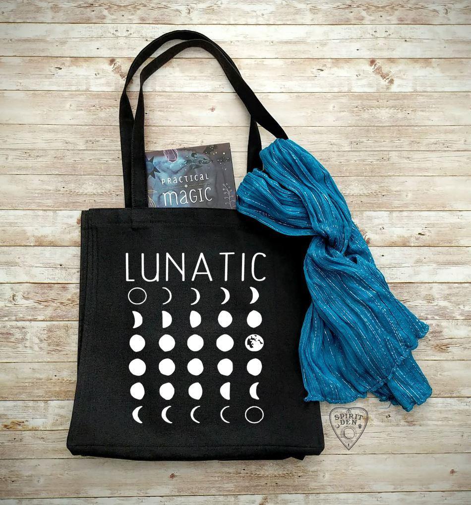 Lunatic Moon Phases Black Canvas Market Tote Bag - The Spirit Den