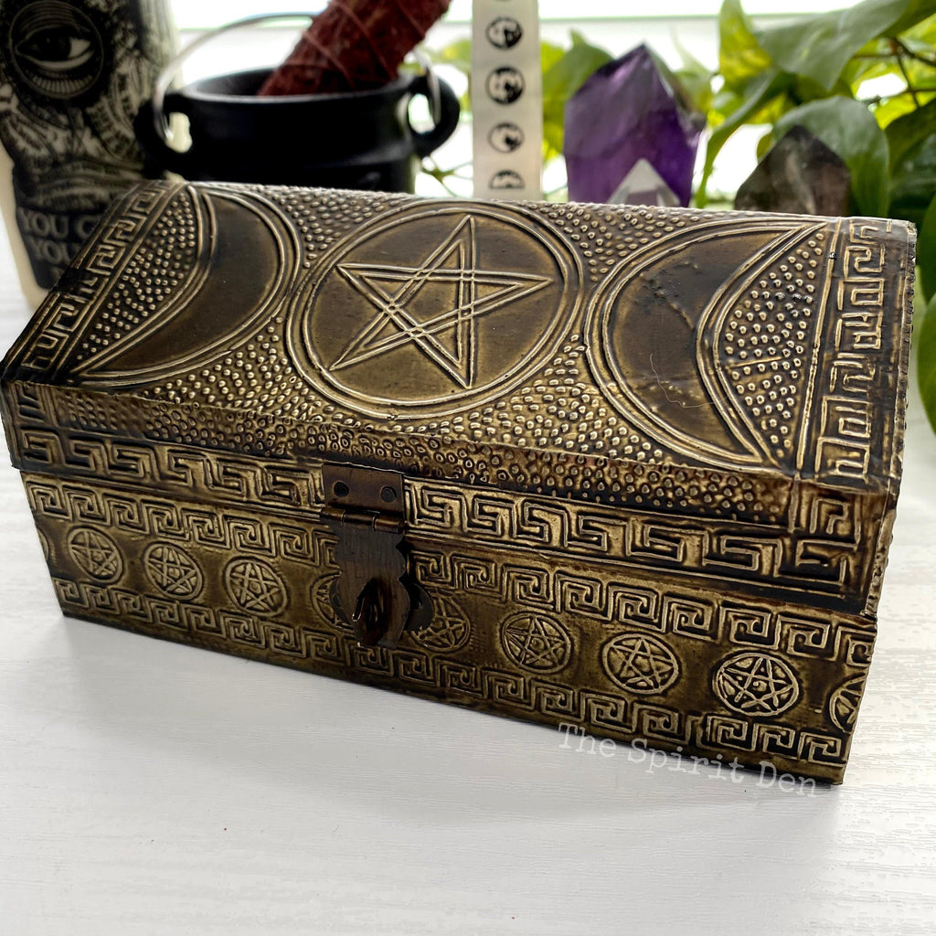Distressed Triple Moon Pentacle Altar Box - The Spirit Den