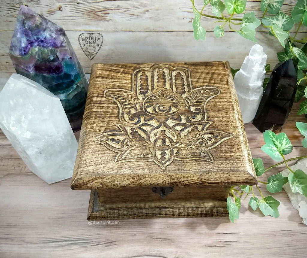 Hamsa Hand ~ Lotus Symbol Hand Carved Wood Chest Style Box | Hand of Fatima Symbol - The Spirit Den