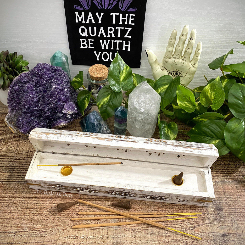 White Washed Wood Incense Box Burner & Storage for Incense Cones and Sticks - The Spirit Den