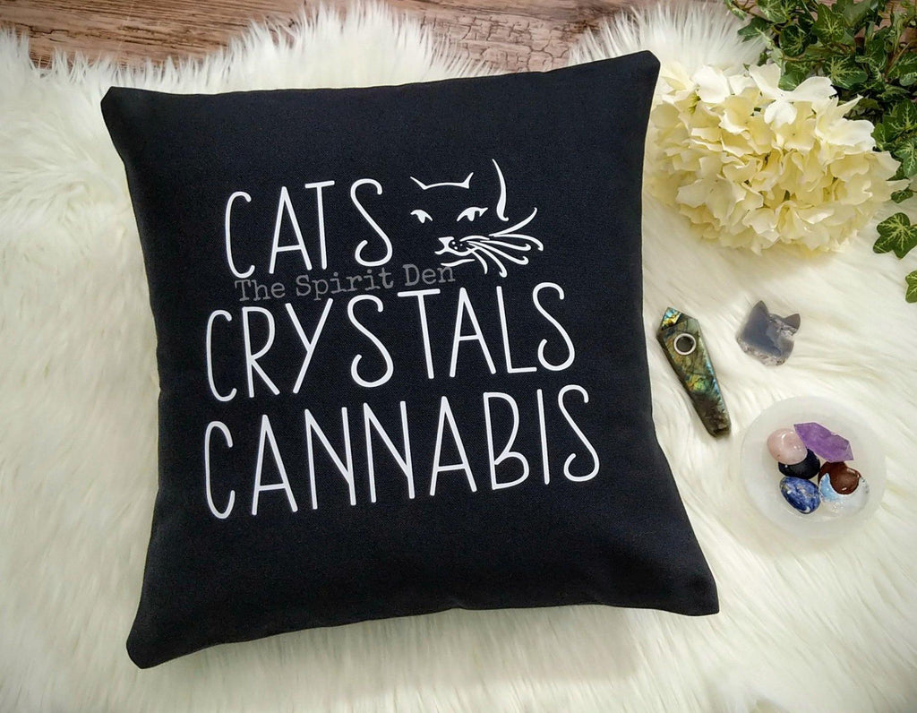 Cats Crystals Cannabis Black Pillow - The Spirit Den