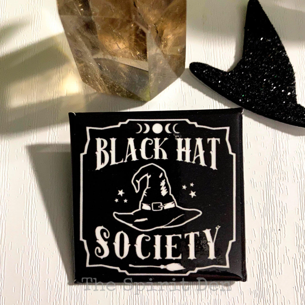 Black Hat Society Witch Hat Black Square Pinback Button - The Spirit Den