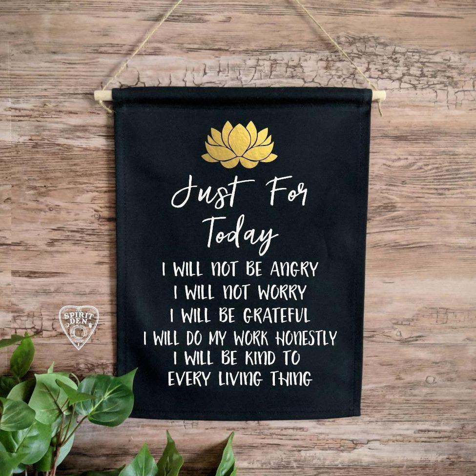 Reiki Principles Just for Today Black Canvas Wall Banner - The Spirit Den