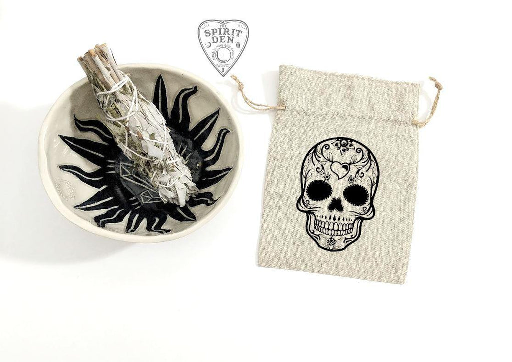 Sugar Skull Tarot Deck Bag | Crystal Pouch | Drawstring Cotton Linen Bag - The Spirit Den