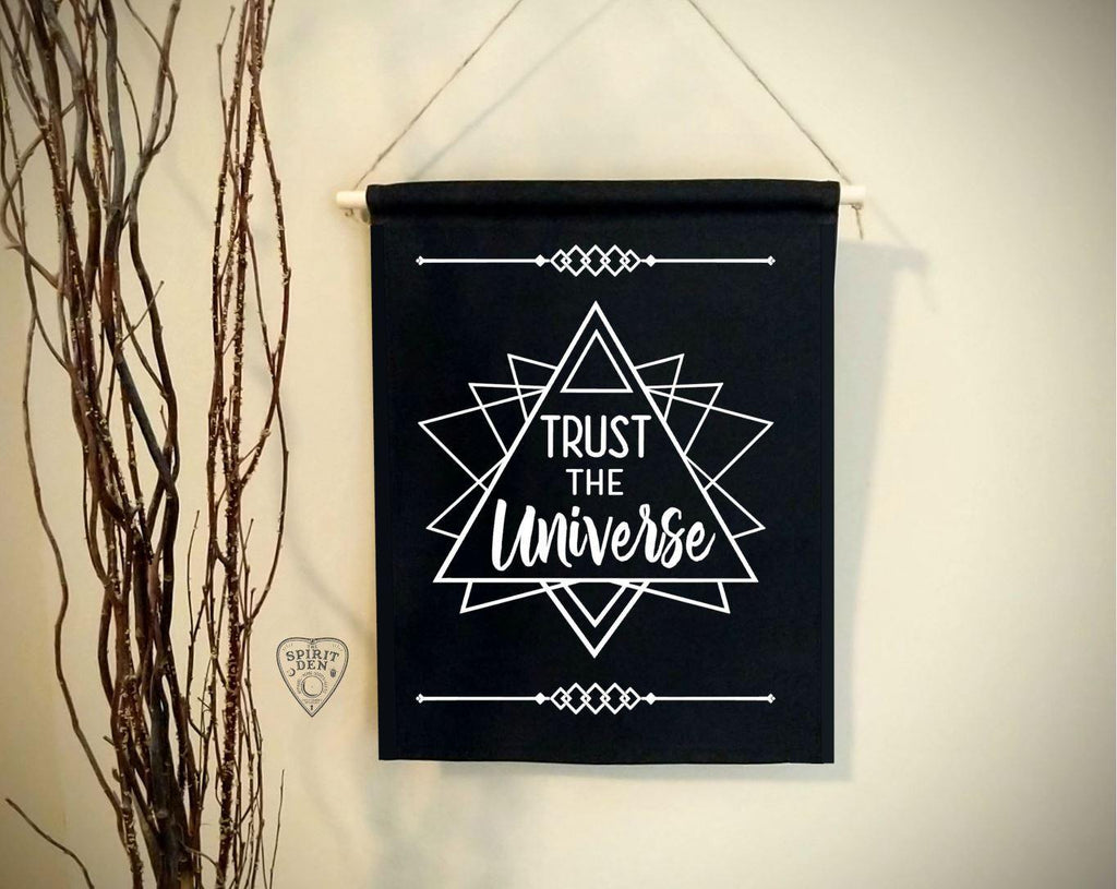 Trust The Universe Sacred Geometry Black Canvas Wall Banner - The Spirit Den