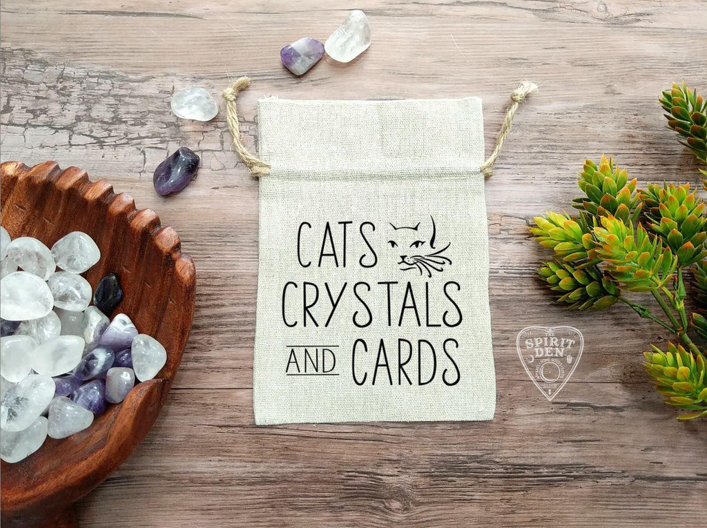 Cats Crystals and Cards Drawstring Cotton Linen Bag - The Spirit Den