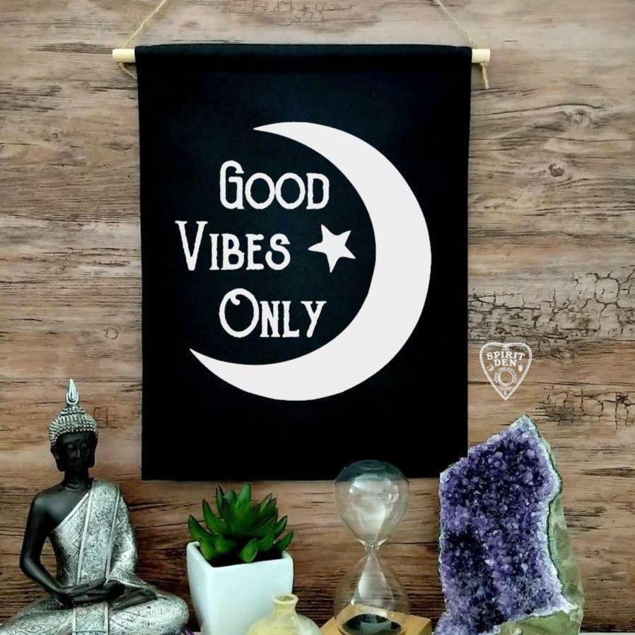 Good Vibes Only Moon Black Canvas Wall Banner - The Spirit Den
