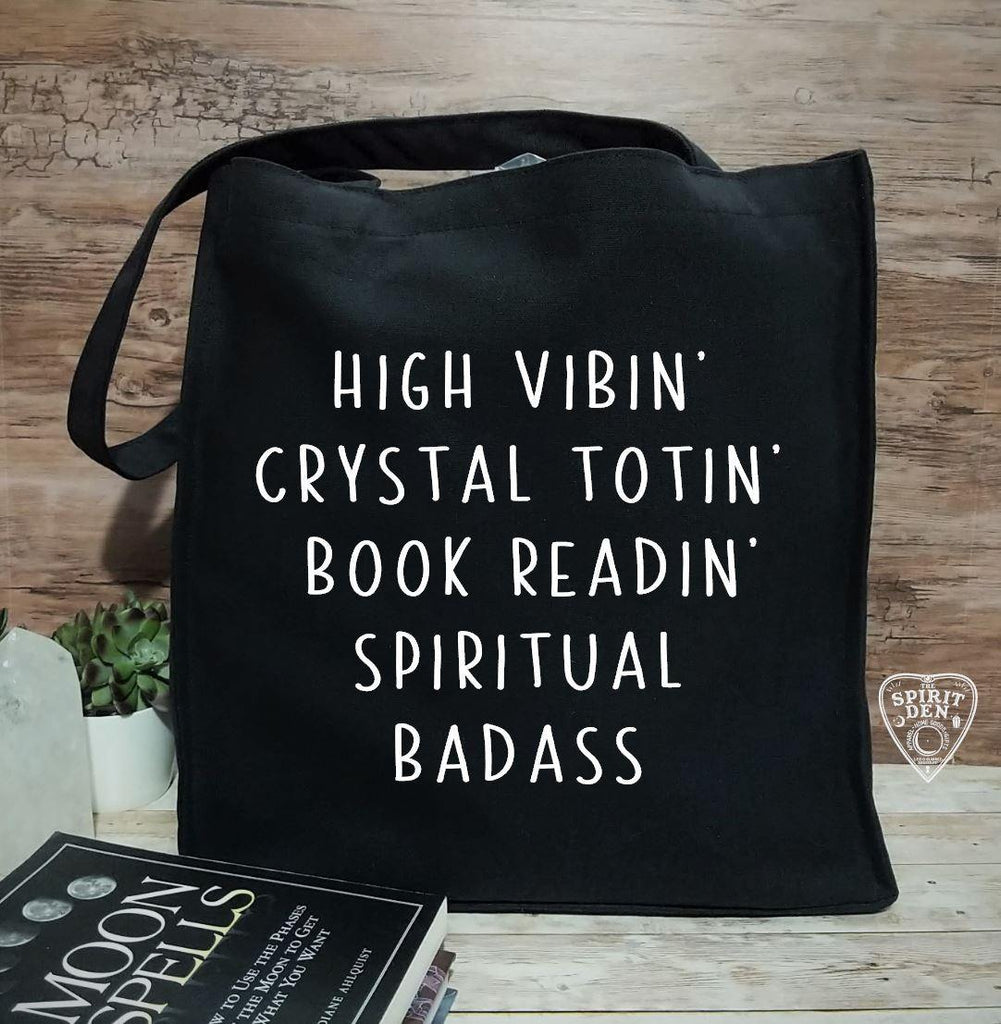High Vibin Crystal Totin Book Readin Spiritual Badass Black Cotton Canvas Market Tote Bag - The Spirit Den