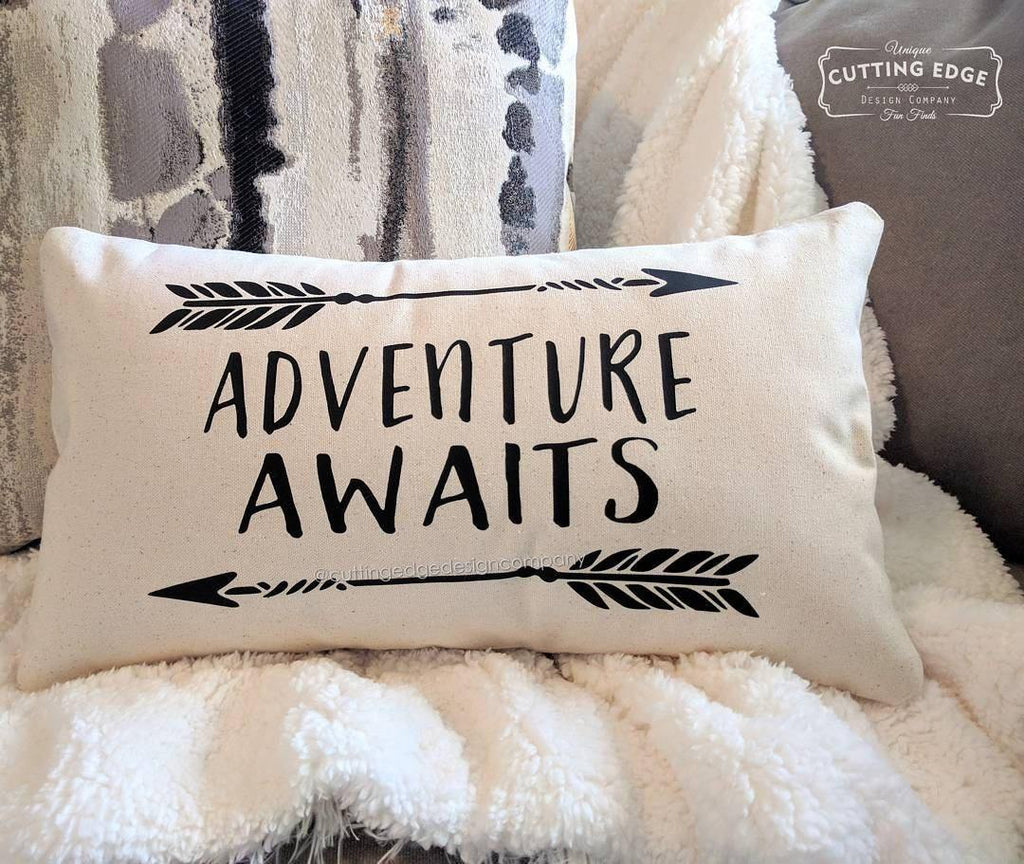 Adventure Awaits Cotton Canvas Natural Lumbar Pillow 