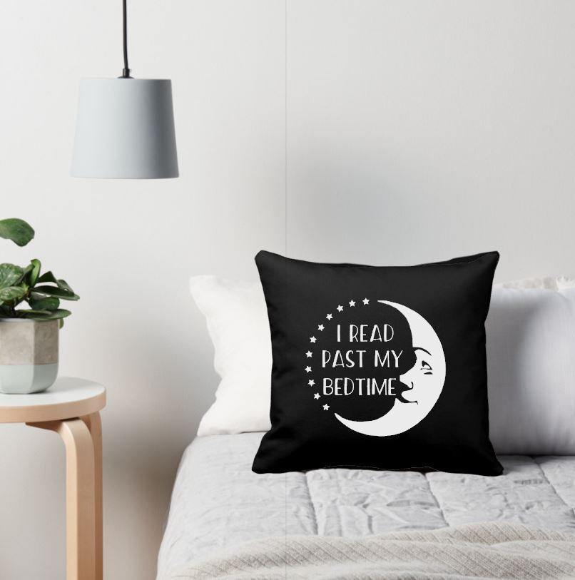 I Read Past My Bedtime Moon Black Pillow 