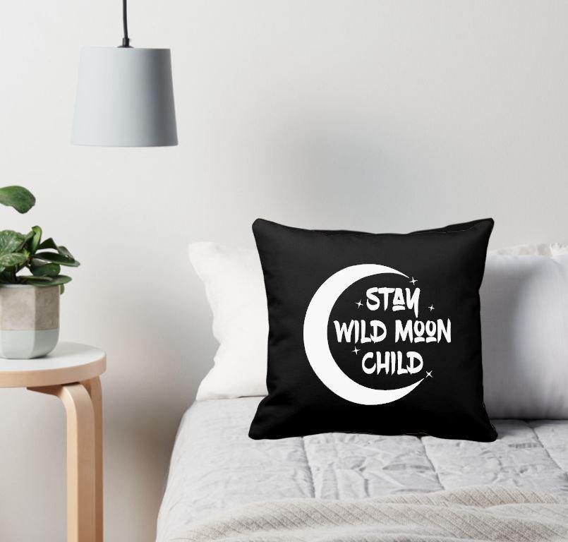 Stay Wild Moon Child Black Cotton Pillow 