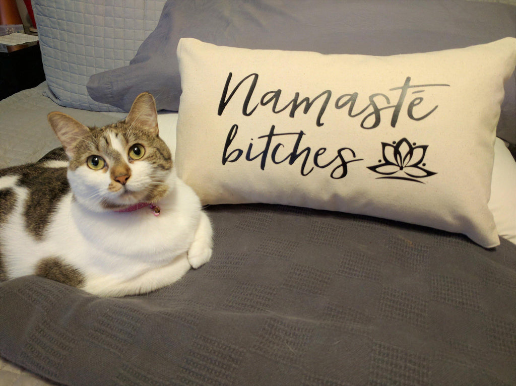 Namaste Bitches Script Cotton Canvas Natural Lumbar Pillow 