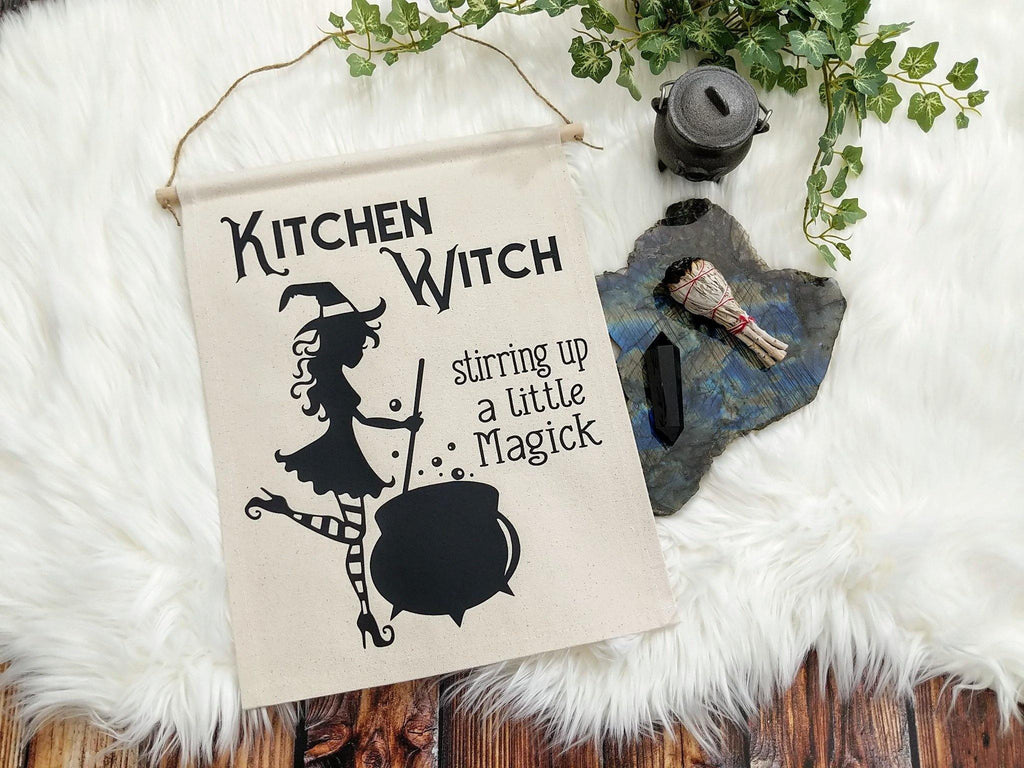 Kitchen Witch Stirring up a Little Magick Cotton Canvas Wall Banner 