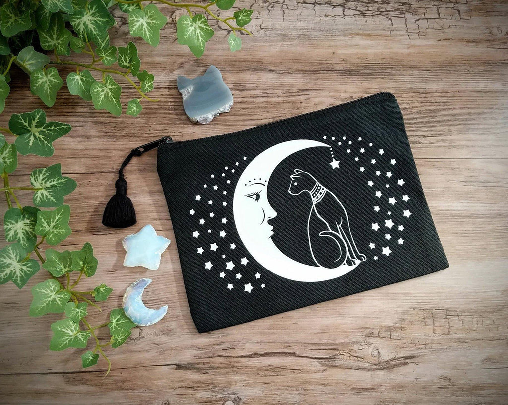 Cat On The Moon Black Canvas Zipper Bag 