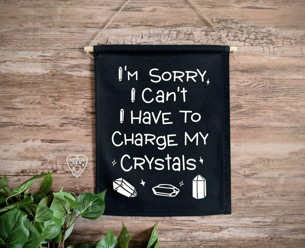 I'm Sorry I Can't I Have To Charge My Crystals Black Canvas Wall Banner - The Spirit Den