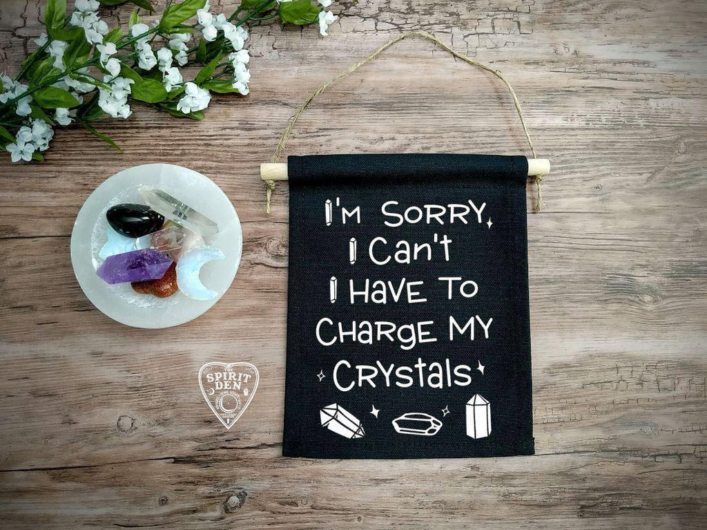 I'm Sorry I Can't I Have To Charge My Crystals Black Canvas Wall Banner - The Spirit Den