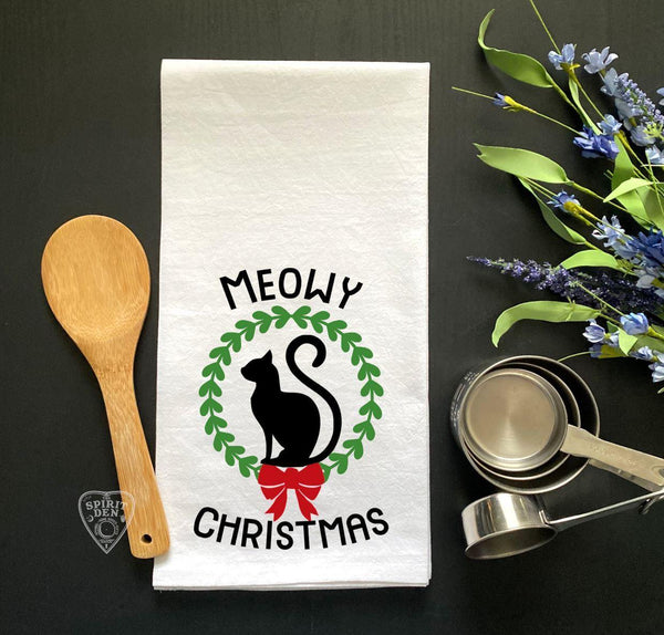 Meowy Christmas Dish Towel - White