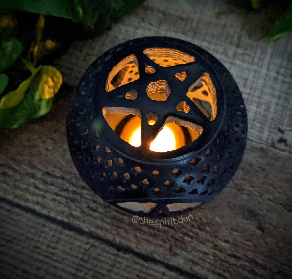 Black Pentacle Soapstone Sphere Candle Holder or Incense Burner