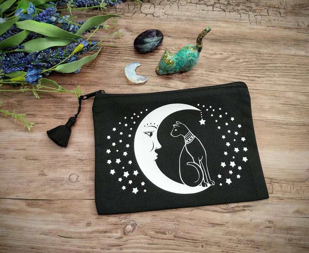 Cat And The Moon Black Canvas Zipper Bag - The Spirit Den
