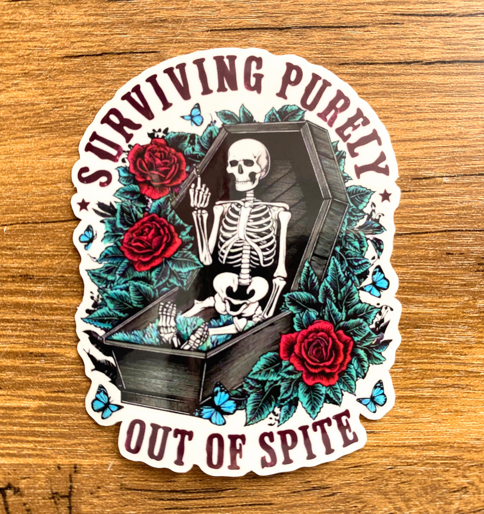 Surviving Purely Out Of Spite Skeleton Coffin Sticker