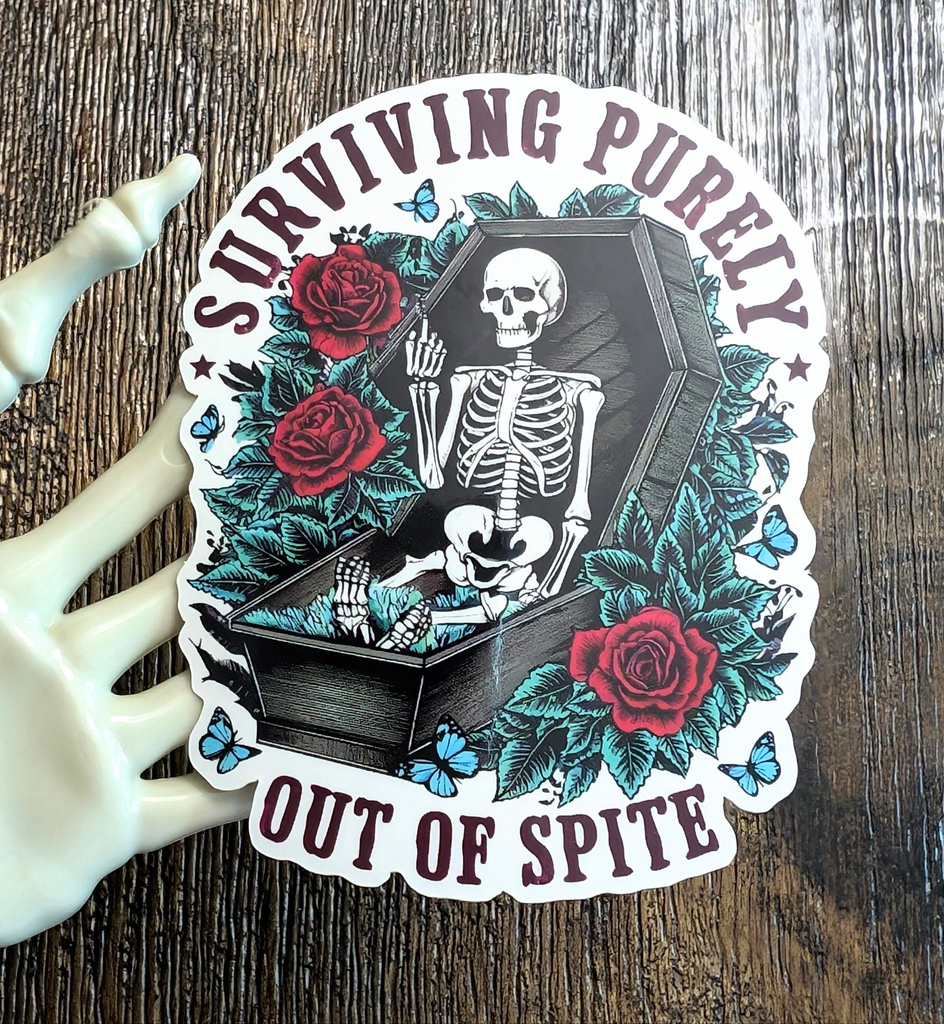 Surviving Purely Out Of Spite Skeleton Coffin Sticker