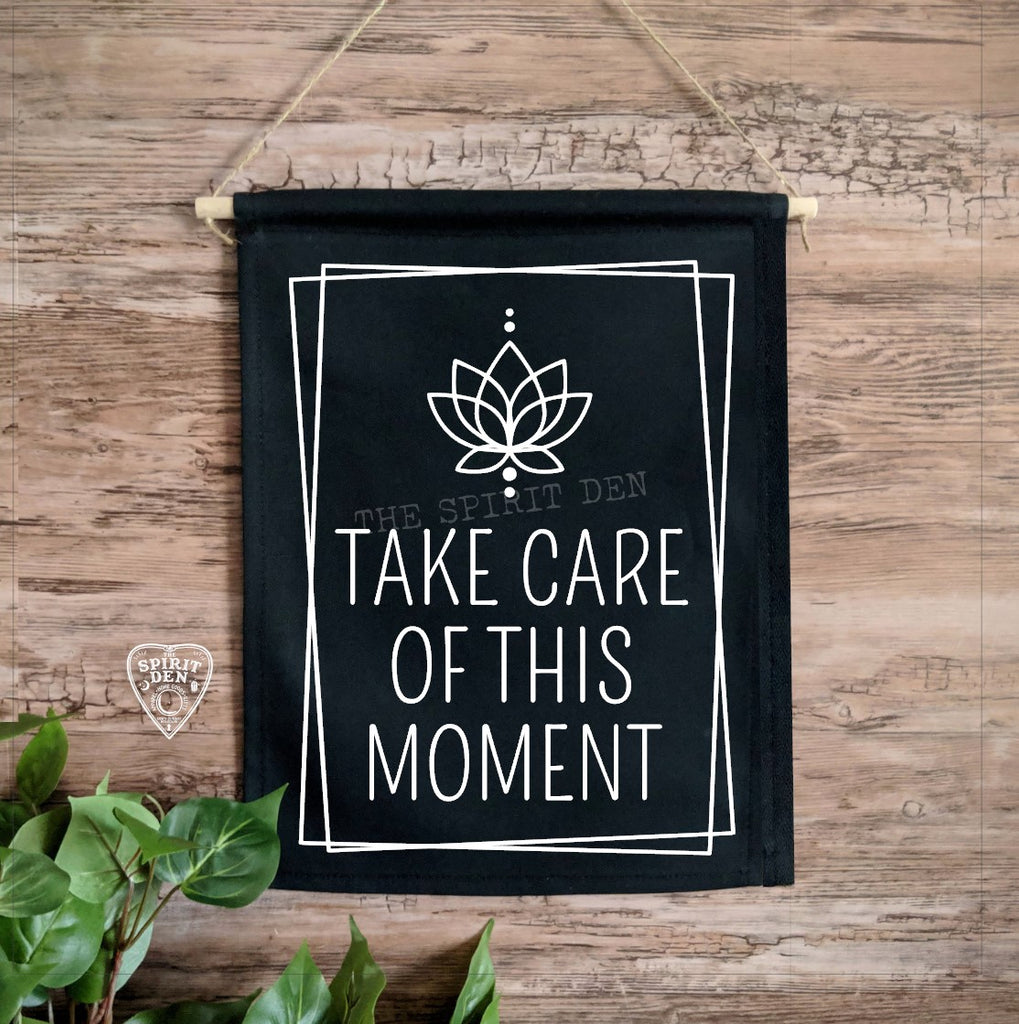 Take Care Of This Moment Black Canvas Wall Banner | Mahatma Gandhi Quote