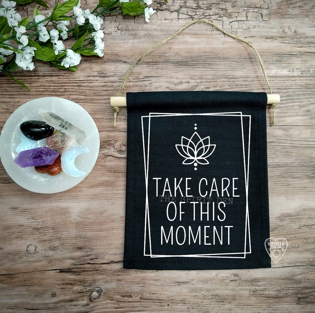 Take Care Of This Moment Black Canvas Wall Banner | Mahatma Gandhi Quote