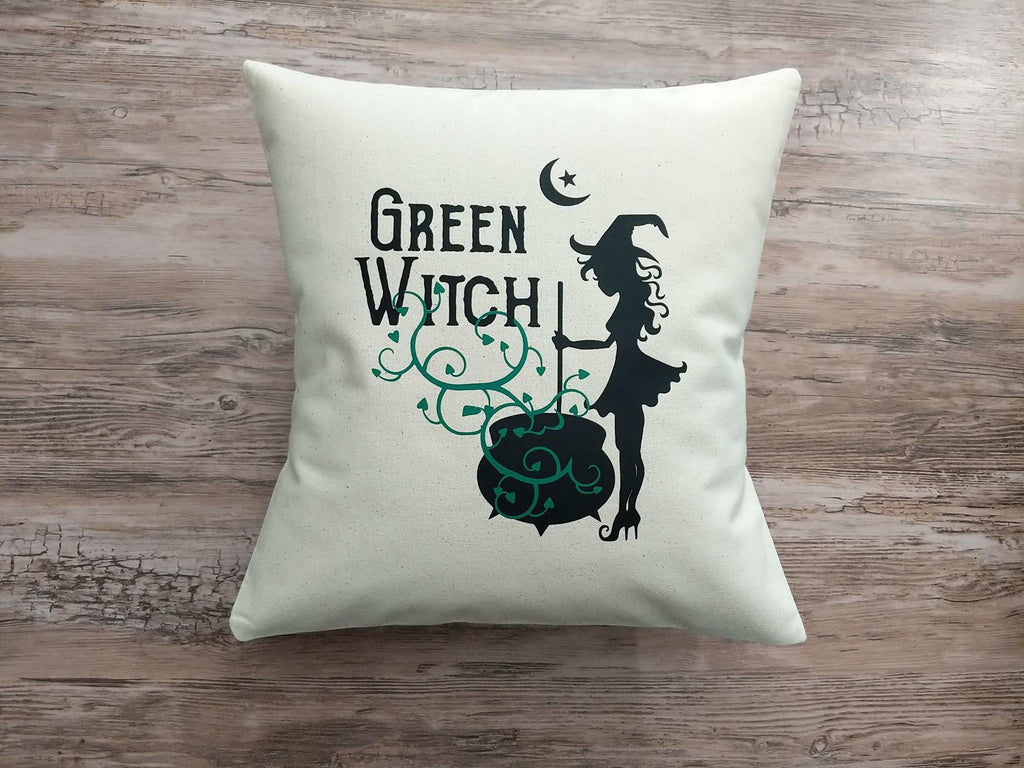 Green Witch Cotton Canvas Natural Pillow - The Spirit Den