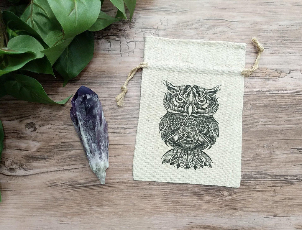 Sacred Owl Tarot Deck Bag | Crystal Pouch | Drawstring Cotton Linen Bag - The Spirit Den