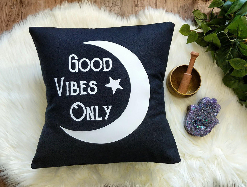 Good Vibes Only Moon Black Cotton Pillow - The Spirit Den