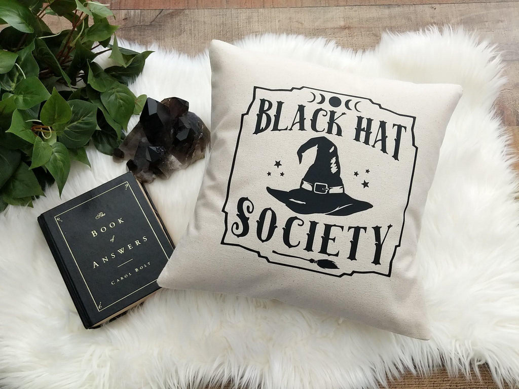 Black Hat Society Witch Hat Cotton Canvas Natural Pillow - The Spirit Den
