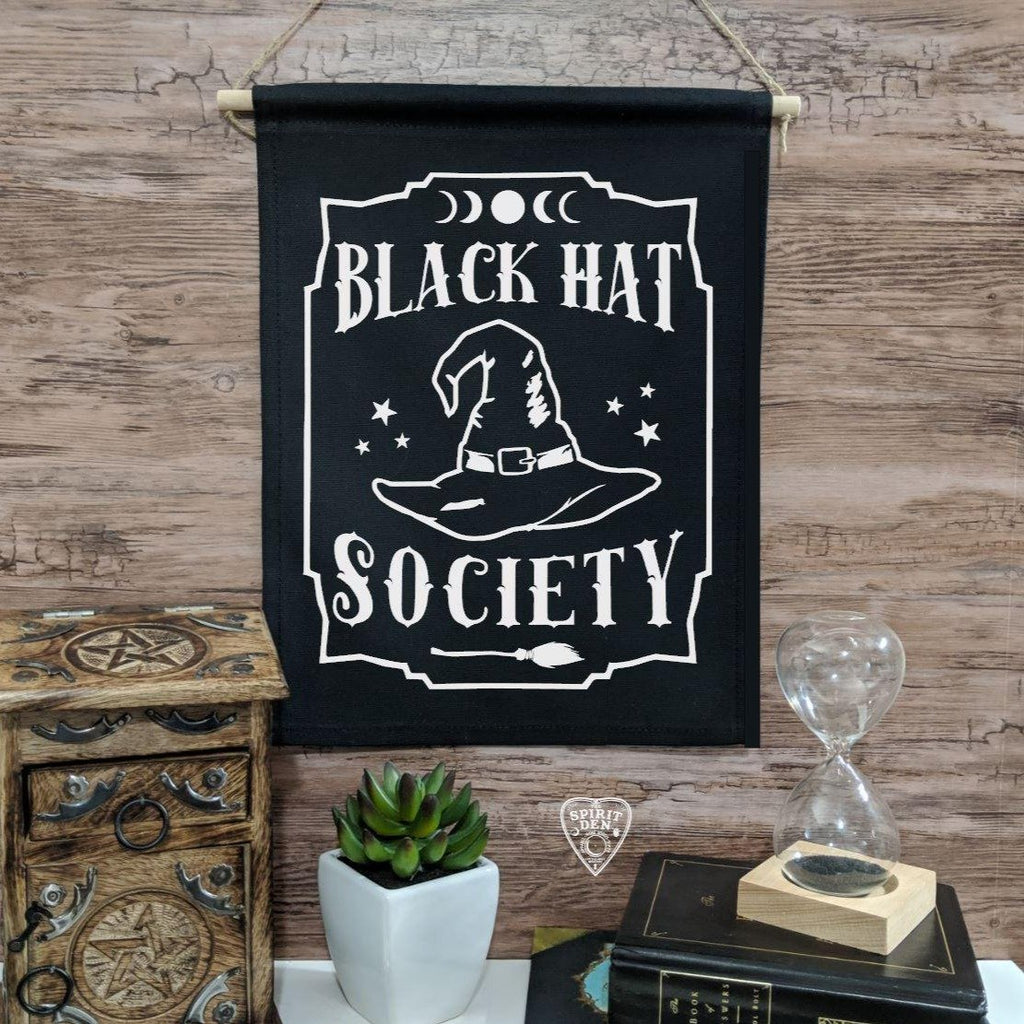 Black Hat Society Witch Hat Black Canvas Wall Banner - The Spirit Den